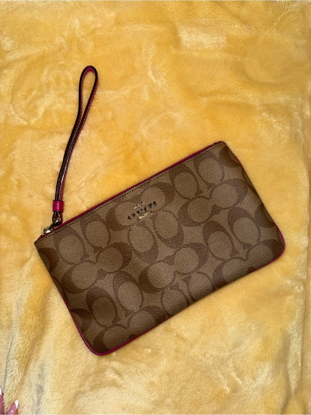 Coach Brown Signature Canvas Wristlet with Pink Trim